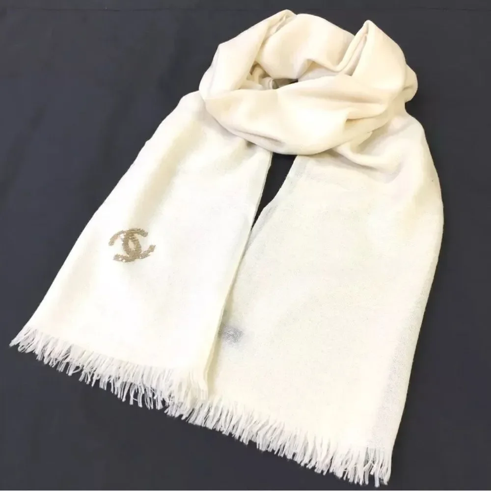 Auth Chanel 100% Creamy White Cashmere CC Gold Sequins Stole Scarf Muffler Wrap